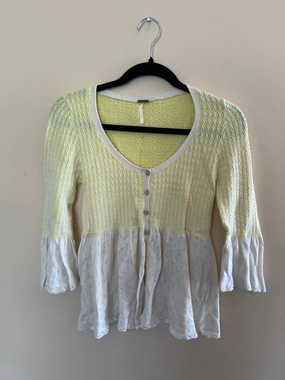 Free People Light Yellow and White Button-Front Knit Blouse